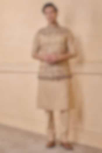 Gold Rayon & Metallic Printed Bundi Jacket Set by TASVA at Pernia's Pop Up Shop