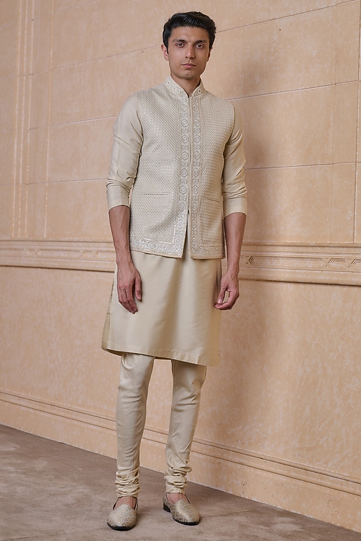 Beige Viscose & Polyester Embroidered Bundi Jacket Set by TASVA
