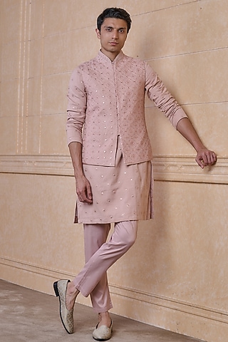 Pink Rayon Embroidered Bundi Jacket Set by TASVA
