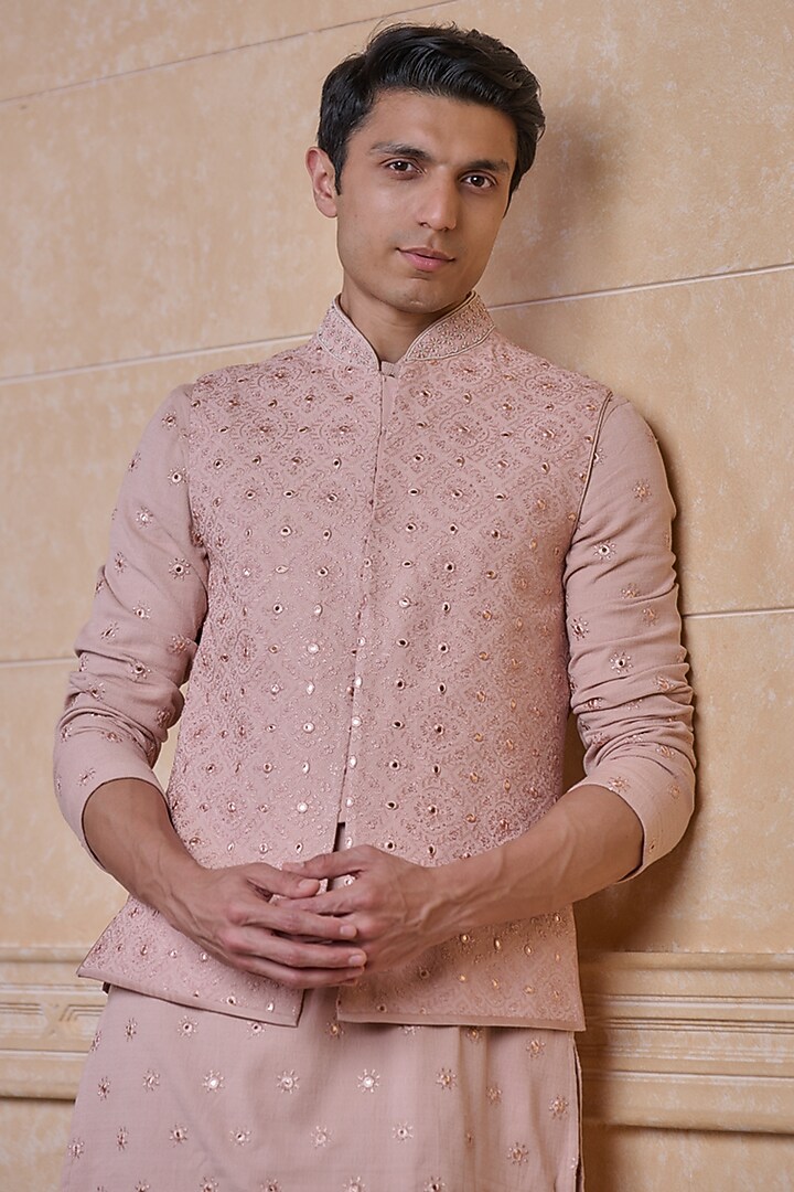 Pink Rayon Embroidered Bundi Jacket Set by TASVA at Pernia's Pop Up Shop