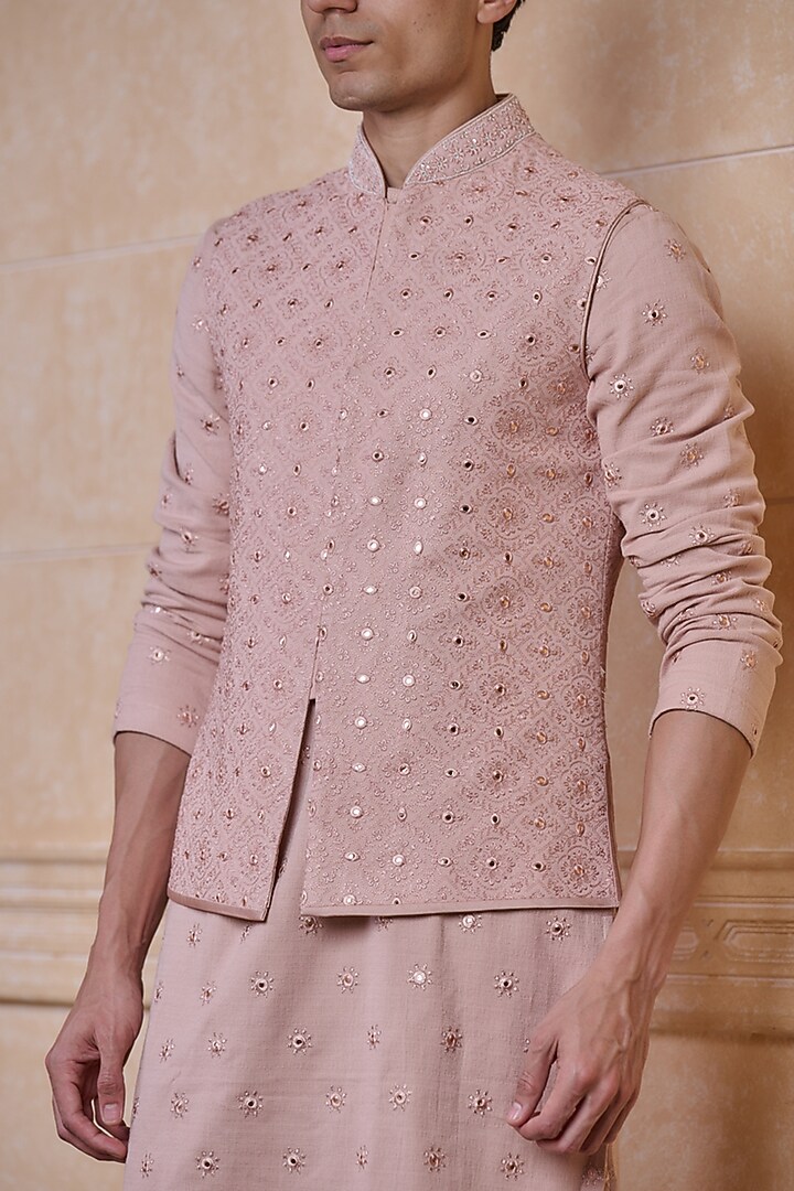 Pink Rayon Embroidered Bundi Jacket Set by TASVA at Pernia's Pop Up Shop