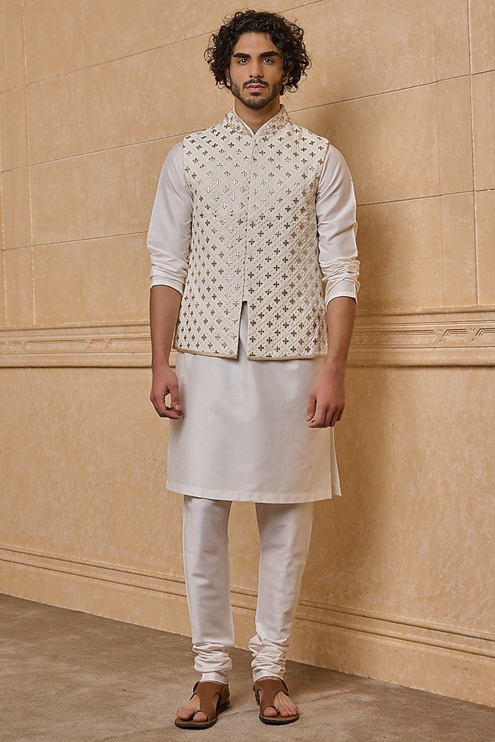 Ivory Rayon Embroidered Bundi Jacket Set by TASVA at Pernia's Pop Up Shop