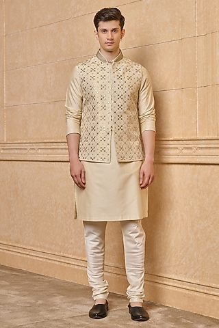 Gold Viscose Polyester Metallic Embroidered Bundi Jacket Set by TASVA
