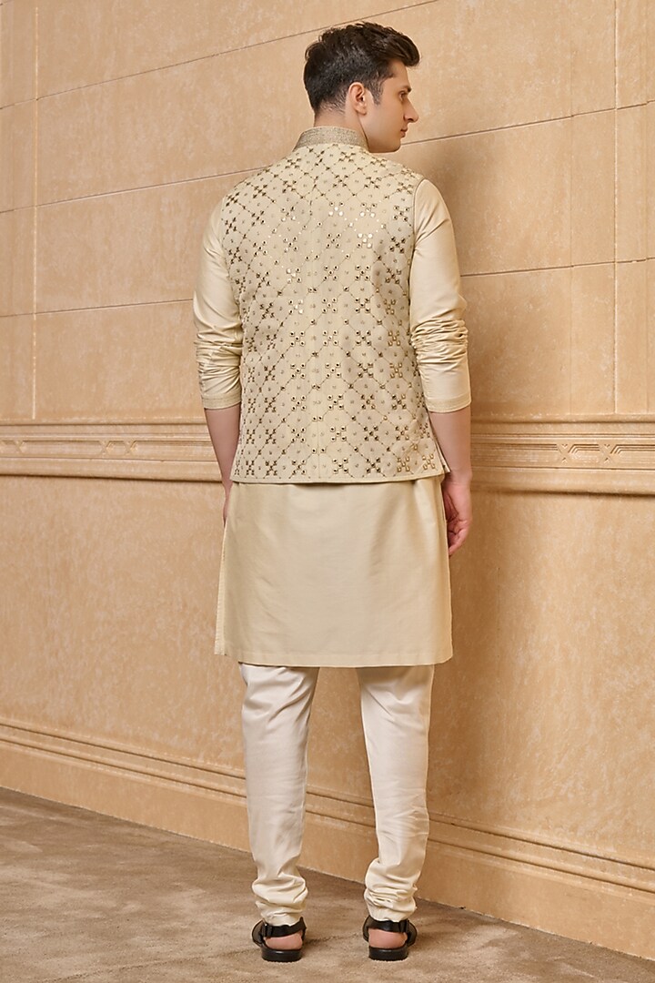 Gold Viscose Polyester Metallic Embroidered Bundi Jacket Set by TASVA at Pernia's Pop Up Shop