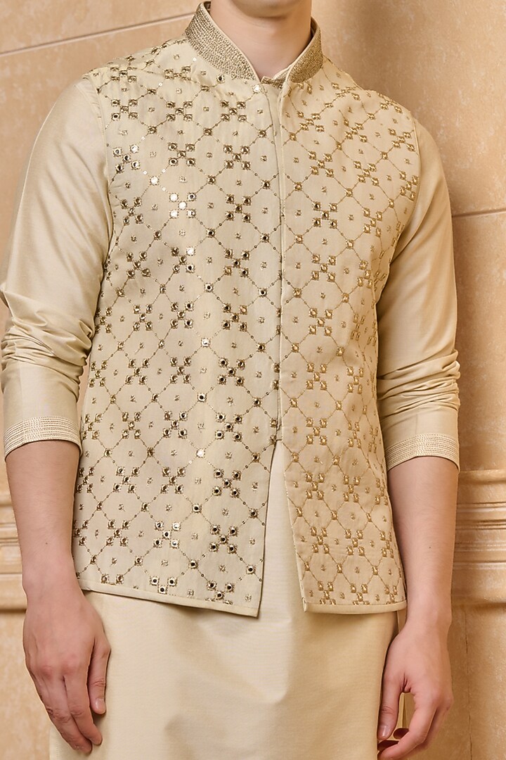 Gold Viscose Polyester Metallic Embroidered Bundi Jacket Set by TASVA at Pernia's Pop Up Shop