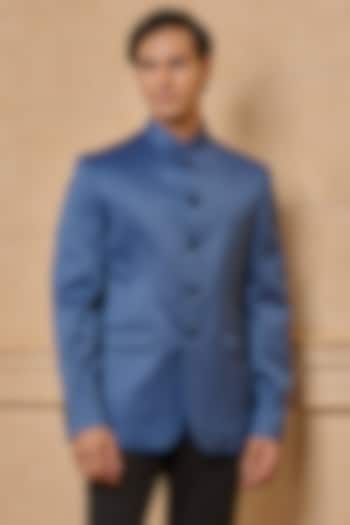 Medium Blue Viscose & Polyester Bandhgala by TASVA