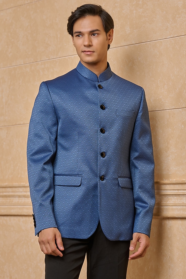 Medium Blue Viscose & Polyester Bandhgala by TASVA