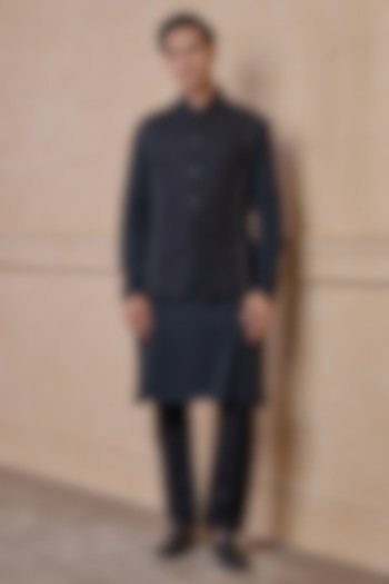 Black Linen Viscose Mirror Work Bundi Jacket Set by TASVA at Pernia's Pop Up Shop