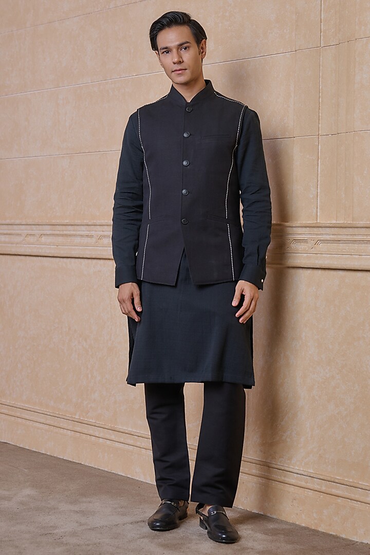 Black Linen Viscose Mirror Work Bundi Jacket Set by TASVA at Pernia's Pop Up Shop