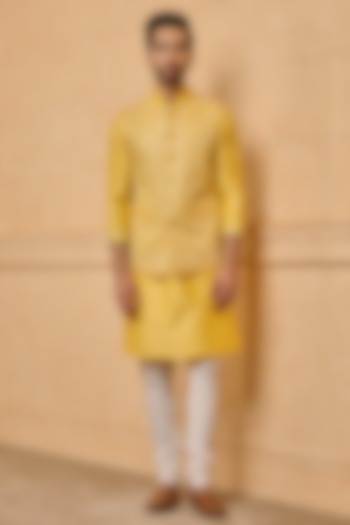 Yellow Viscose Embroidered Bundi Jacket Set by TASVA at Pernia's Pop Up Shop