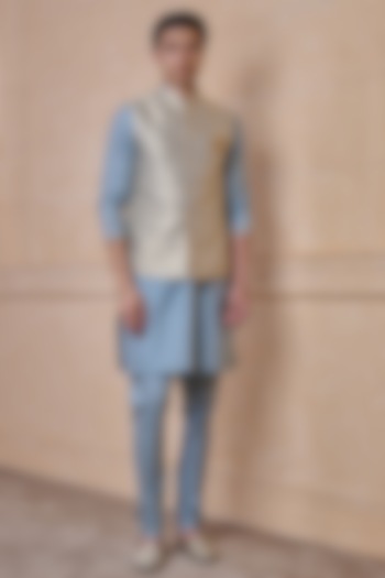 Light Blue Brocade Bundi Jacket Set by TASVA at Pernia's Pop Up Shop