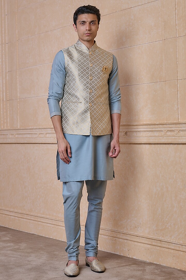 Light Blue Brocade Bundi Jacket Set by TASVA at Pernia's Pop Up Shop