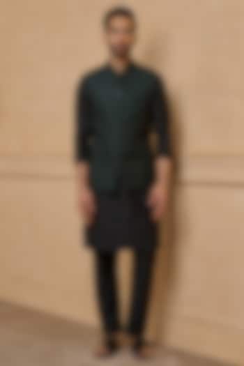 Dark Green Brocade Bundi Jacket Set by TASVA at Pernia's Pop Up Shop