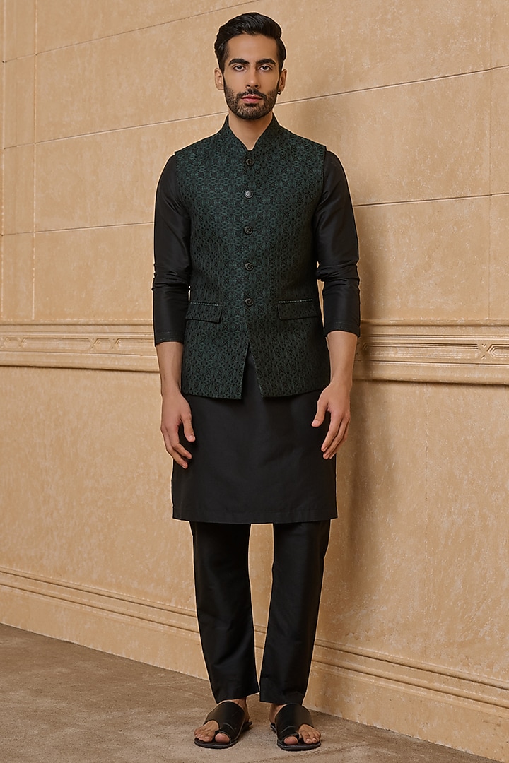 Dark Green Brocade Bundi Jacket Set by TASVA at Pernia's Pop Up Shop