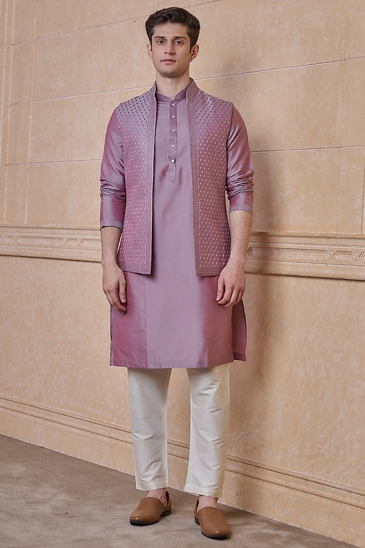 Lilac Cotton Embroidered Bundi Jacket Set by TASVA at Pernia's Pop Up Shop