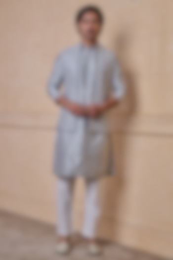 Light Grey Cotton Embroidered Bundi Jacket Set by TASVA at Pernia's Pop Up Shop