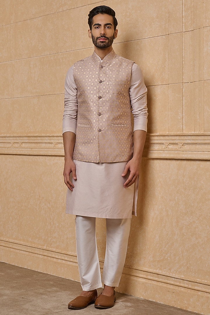 Light Grey Polyester Bundi Jacket Set by TASVA at Pernia's Pop Up Shop