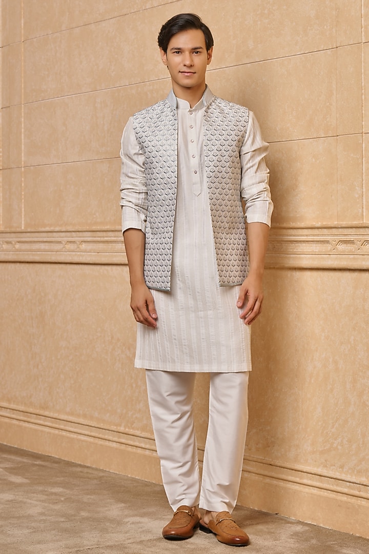 Light Blue Polyester Bundi Jacket Set by TASVA at Pernia's Pop Up Shop