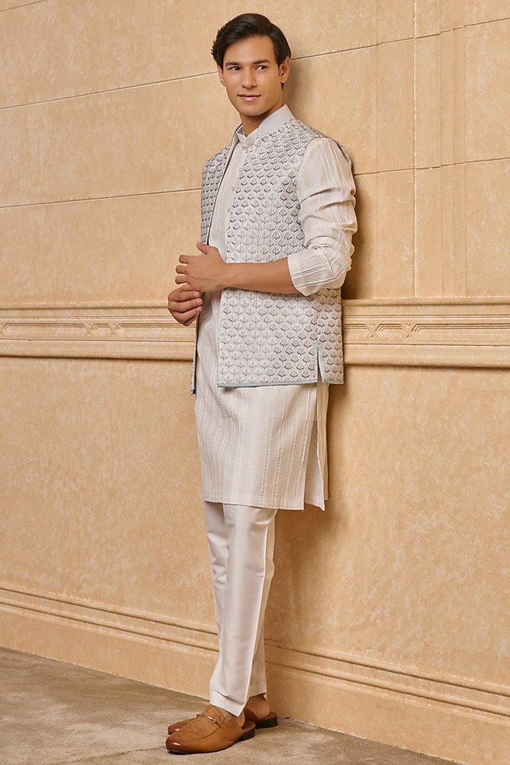 Light Blue Polyester Bundi Jacket Set by TASVA at Pernia's Pop Up Shop