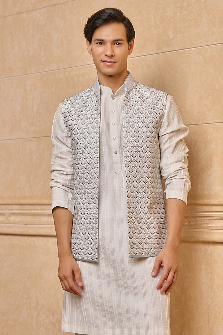 Light Blue Polyester Bundi Jacket Set by TASVA at Pernia's Pop Up Shop