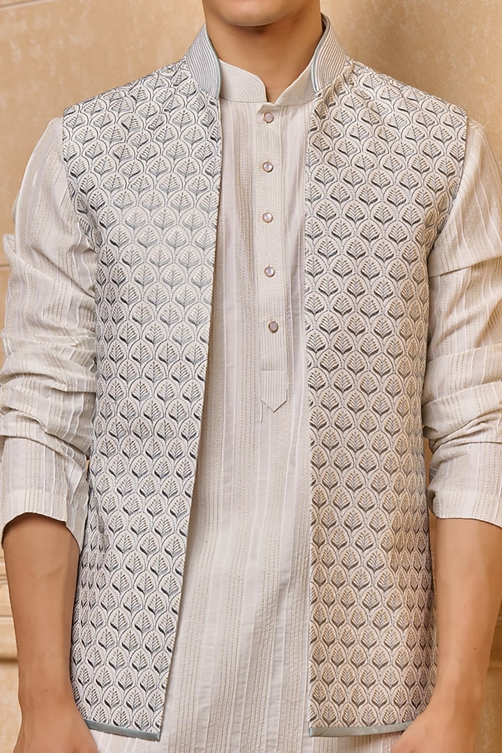 Light Blue Polyester Bundi Jacket Set by TASVA at Pernia's Pop Up Shop