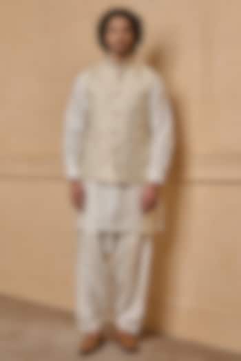 Bright Gold Viscose & Polyester Bundi Jacket Set by TASVA at Pernia's Pop Up Shop