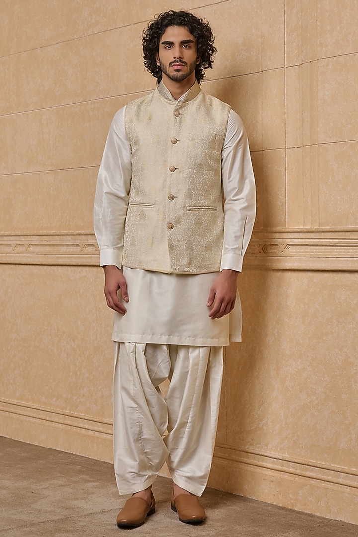 Bright Gold Viscose & Polyester Bundi Jacket Set by TASVA at Pernia's Pop Up Shop