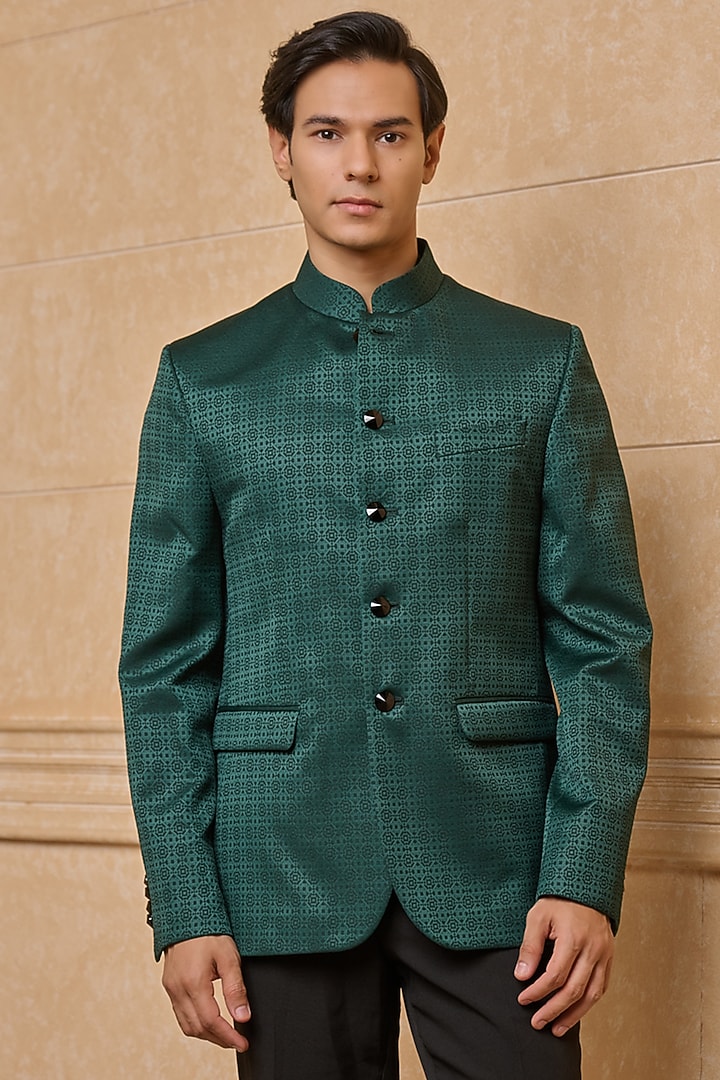 Dark Green Viscose & Polyester Bandhgala by TASVA at Pernia's Pop Up Shop