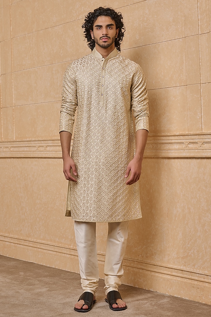 Gold Viscose & Polyester Embroidered Kurta Set by TASVA at Pernia's Pop Up Shop