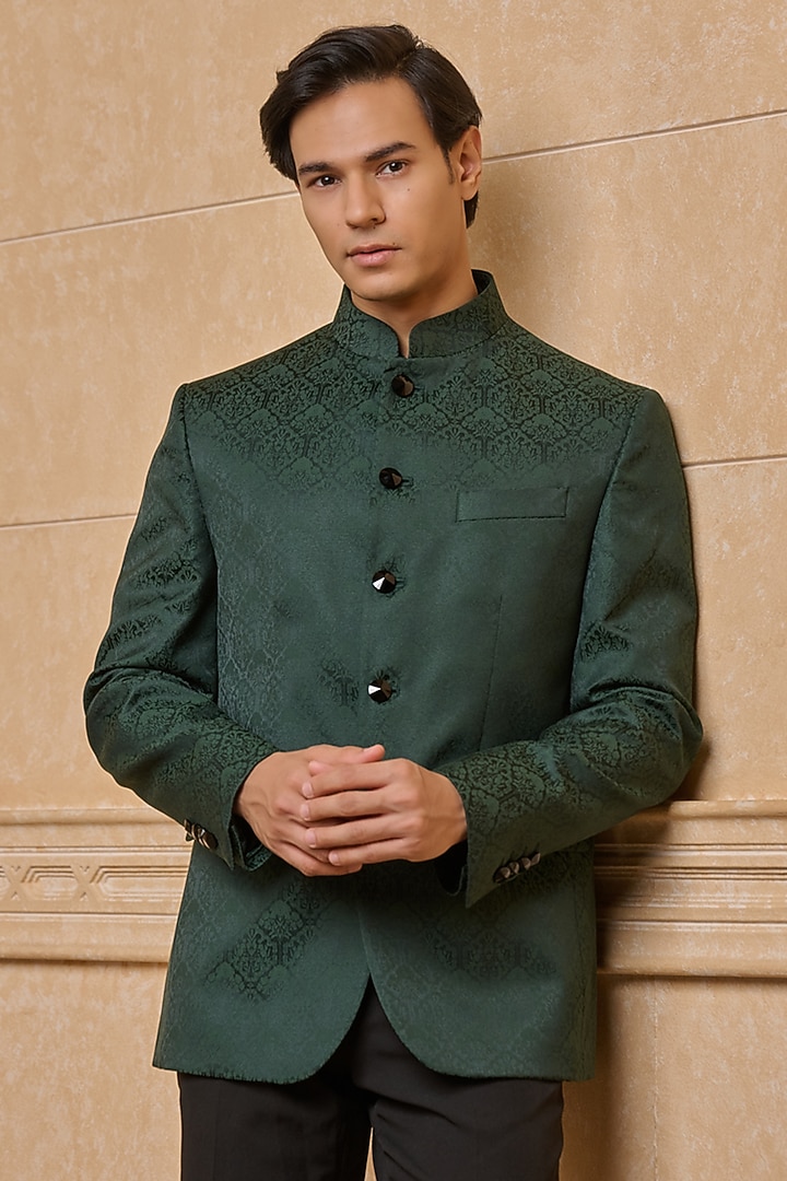 Dark Green Viscose & Polyester Bandhgala by TASVA at Pernia's Pop Up Shop