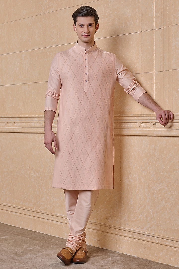 Peach Viscose & Polyester Textured Kurta Set by TASVA at Pernia's Pop Up Shop