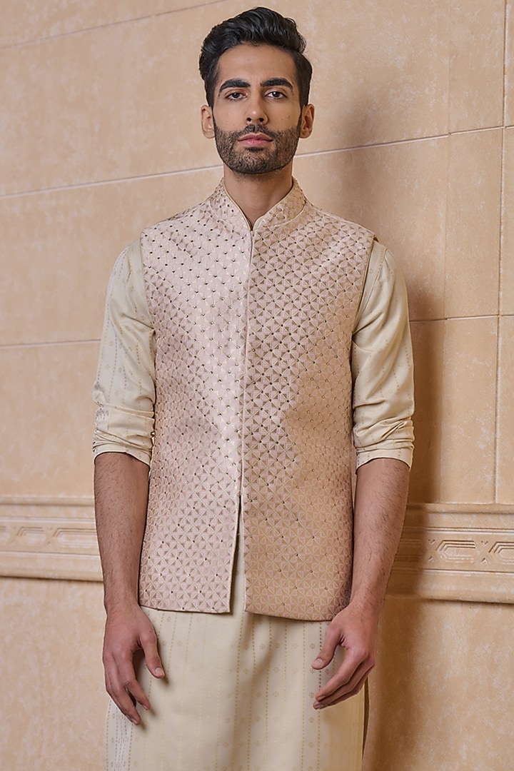 Pink Viscose & Metallic Bundi Jacket by TASVA