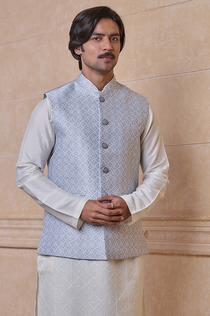 Light Blue Polyester & Viscose Bundi Jacket by TASVA