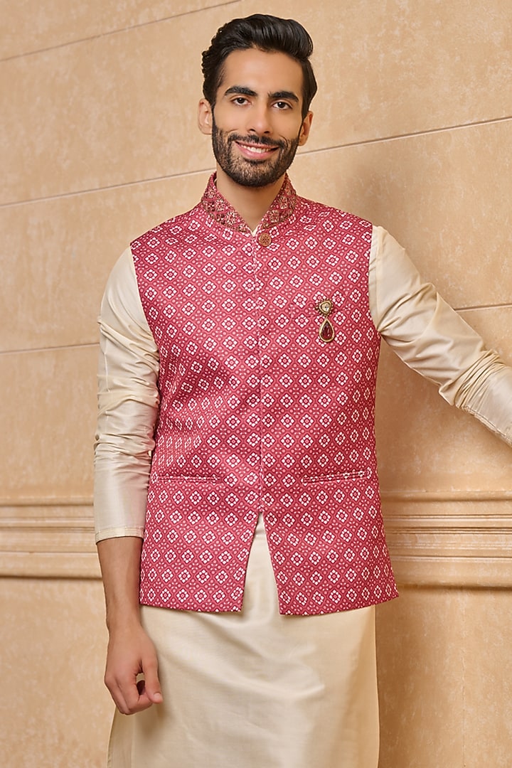 Maroon Polyester Printed Bundi Jacket by TASVA
