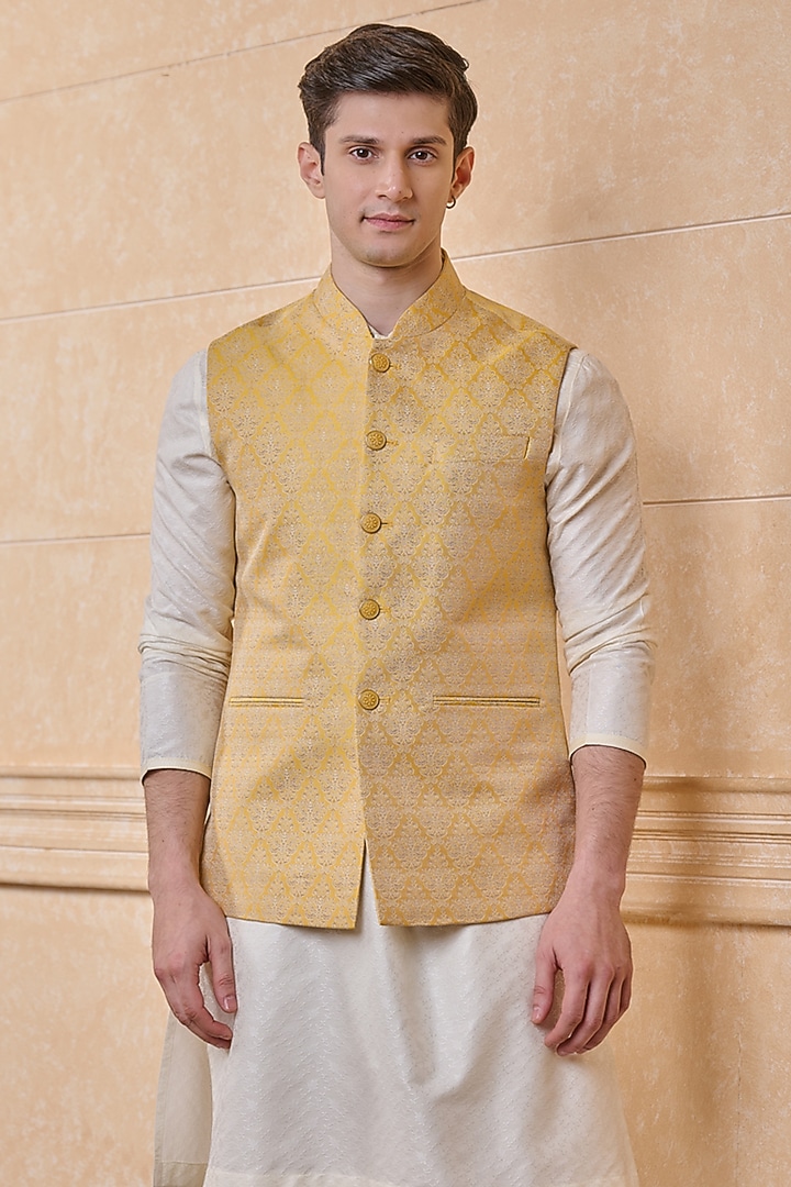 Yellow Polyester & Viscose Bundi Jacket by TASVA