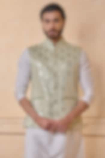 Light Green Viscose Embroidered Bundi Jacket by TASVA