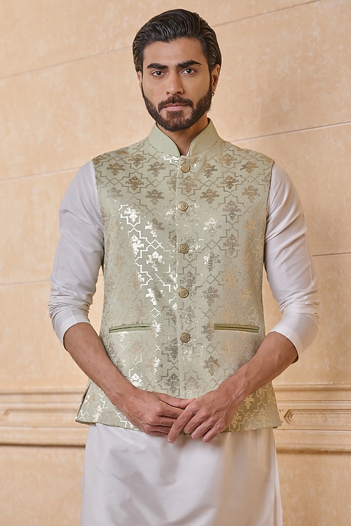Light Green Viscose Embroidered Bundi Jacket by TASVA