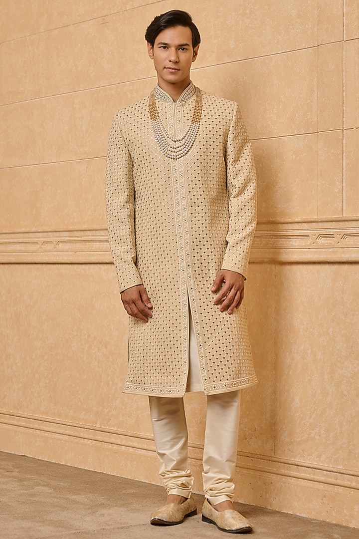 Beige Viscose Wedding Sherwani Set by TASVA at Pernia's Pop Up Shop