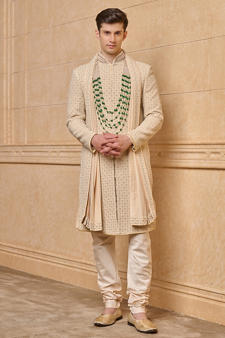 Gold Cotton Embroidered Groom Sherwani Set by TASVA at Pernia's Pop Up Shop