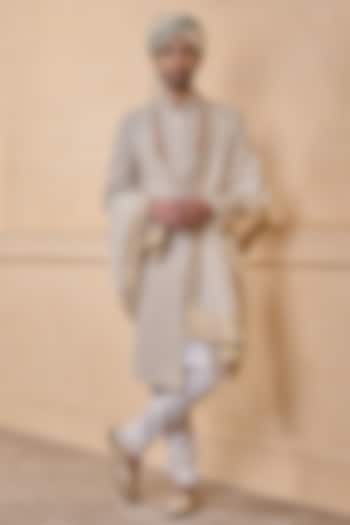 Beige Silk Embroidered Wedding Sherwani Set by TASVA at Pernia's Pop Up Shop