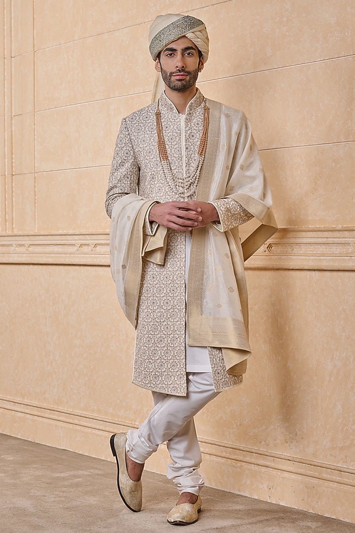 Beige Silk Embroidered Wedding Sherwani Set by TASVA at Pernia's Pop Up Shop