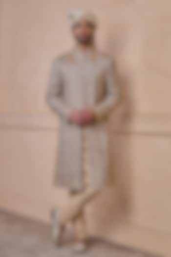 Gold Viscose Blend Embroidered Wedding Sherwani Set by TASVA at Pernia's Pop Up Shop