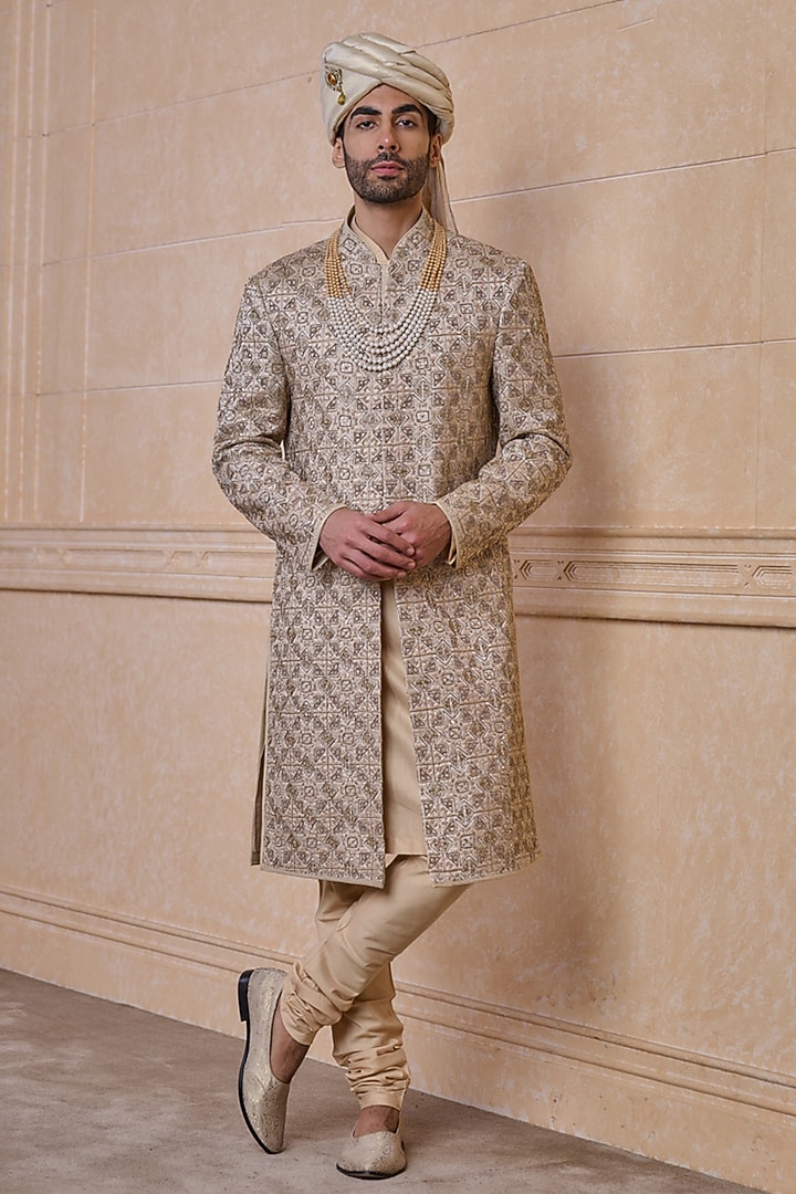 Gold Viscose Blend Embroidered Wedding Sherwani Set by TASVA at Pernia's Pop Up Shop