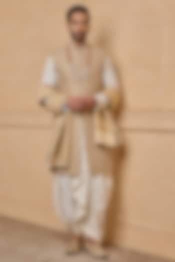 Gold Brocade & Polyester Blend Groom Sherwani Set by TASVA at Pernia's Pop Up Shop