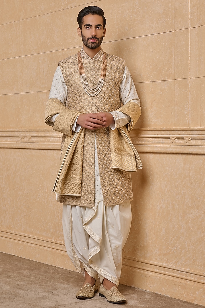 Gold Brocade & Polyester Blend Groom Sherwani Set by TASVA at Pernia's Pop Up Shop