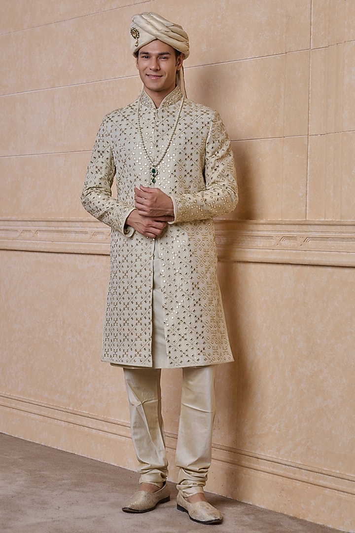 Gold Cotton Embroidered Wedding Sherwani Set by TASVA at Pernia's Pop Up Shop