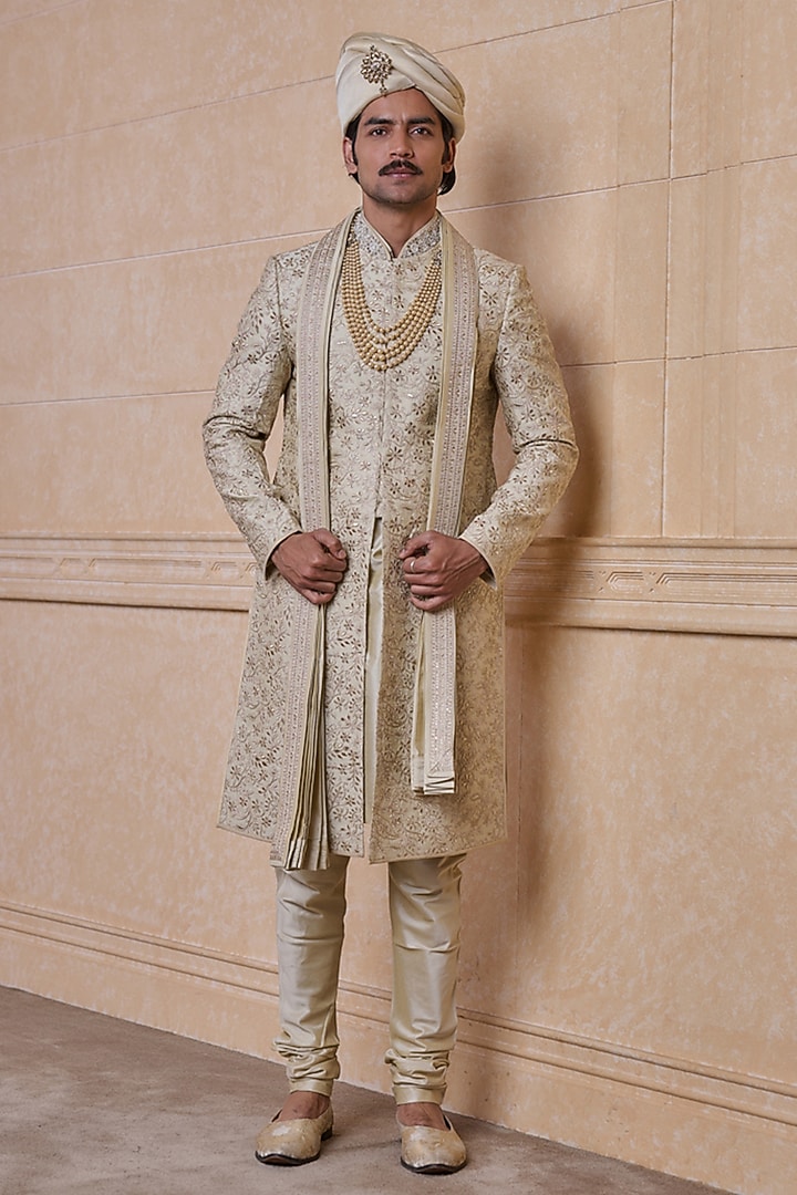 Gold Viscose Blend Wedding Sherwani Set by TASVA at Pernia's Pop Up Shop