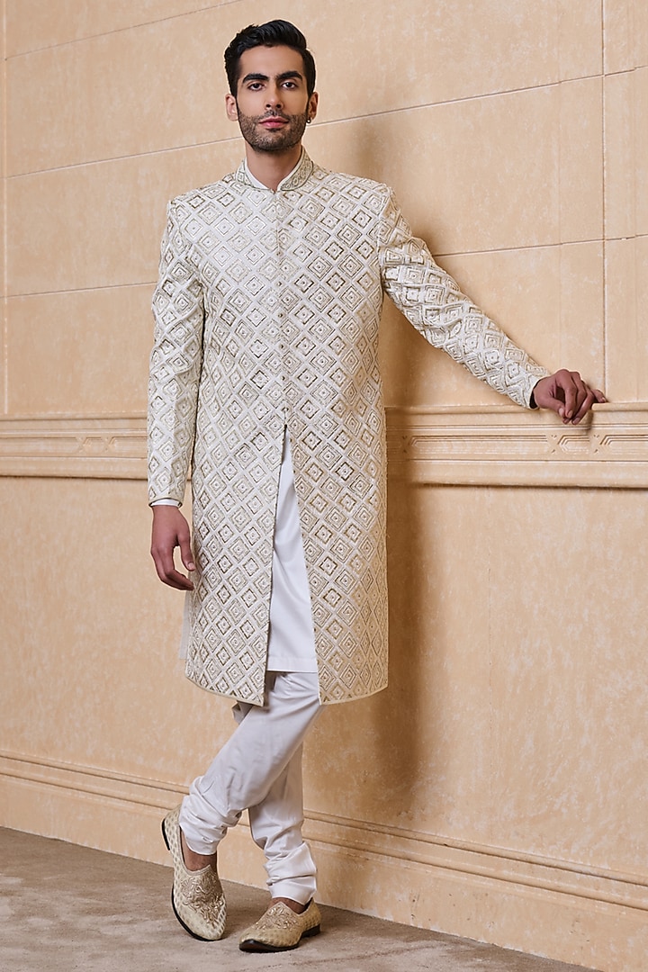 Ivory Viscose Blend Wedding Sherwani Set by TASVA at Pernia's Pop Up Shop