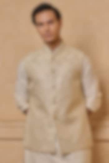 Beige Polyester & Viscose Embroidered Bundi Jacket by TASVA