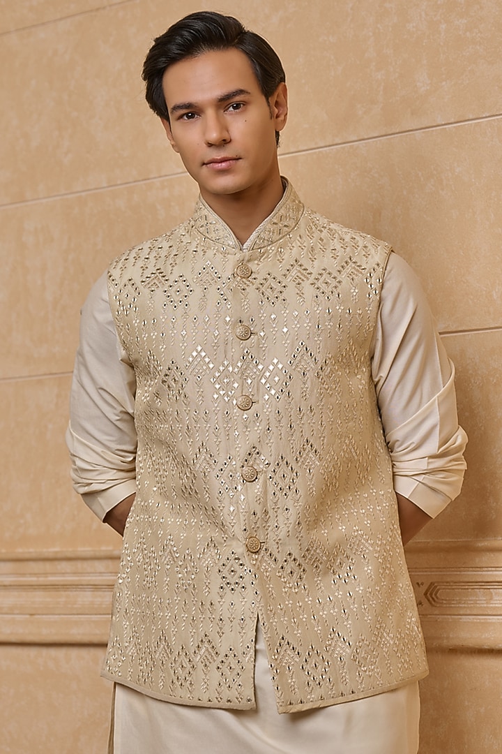 Beige Polyester & Viscose Embroidered Bundi Jacket by TASVA